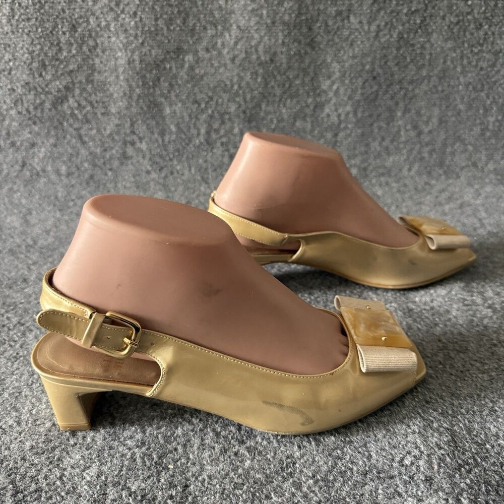 Stuart Weitzman Champagne Bow Buckle Slingback Block Heel Leather Upper 7.5M